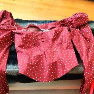 ASOS DESIGN long sleeve top with puff shoulder detail in red and ivory polka dot